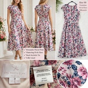 Gal Meets Glam Julia Floral Midi Dress 00 Pink Fit Flare Feminine Cottagecore
